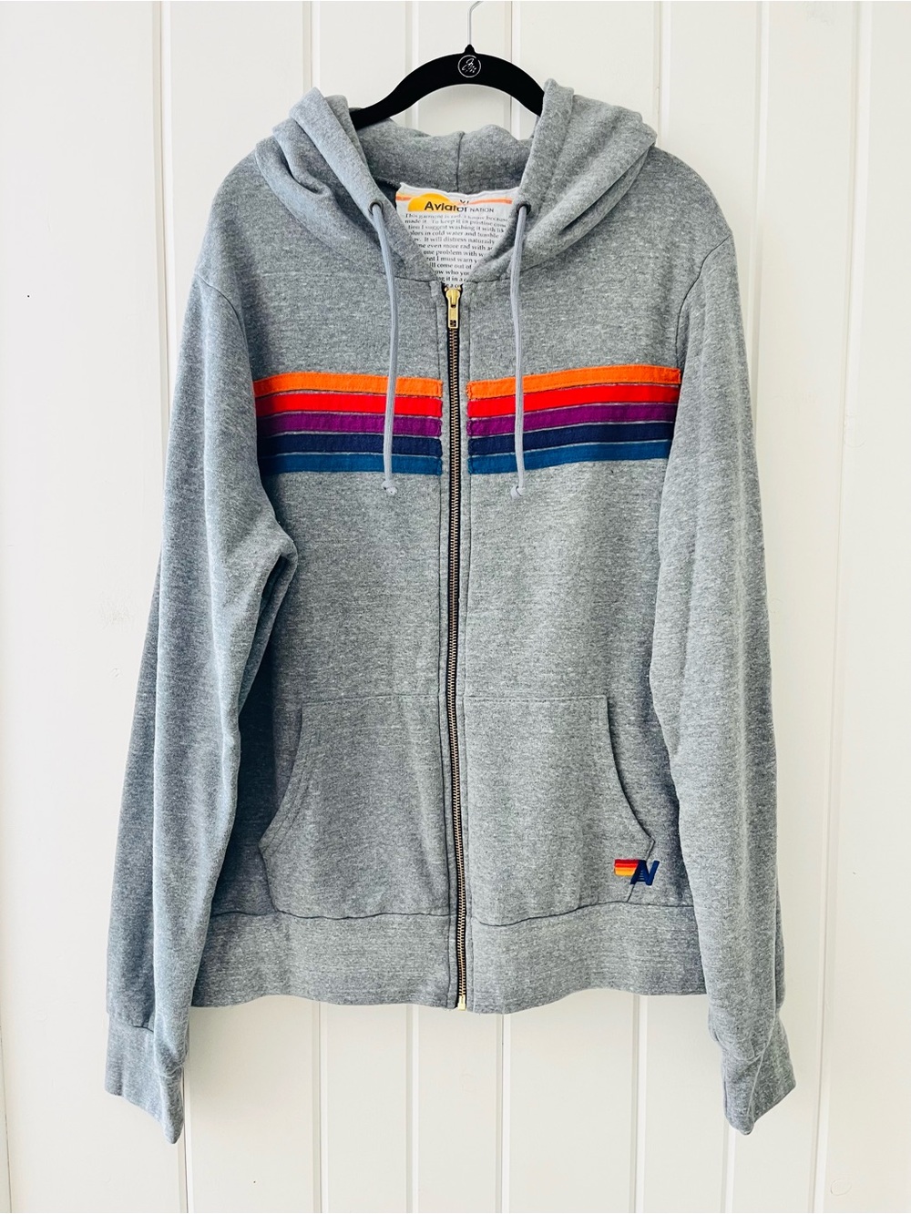 AVIATOR NATION 5 STRIPE ZIP HOODIE HEATHER GREY, Sz XL (P2P 26”)